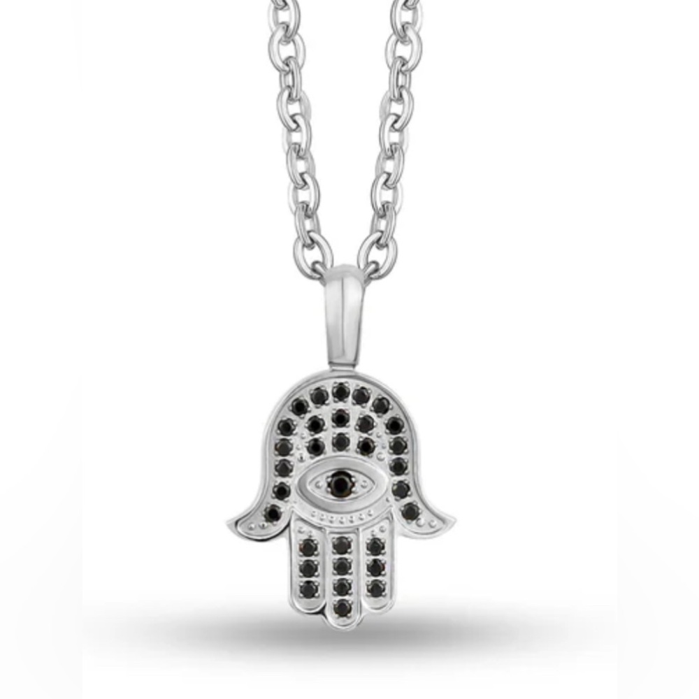 Hamsa Pendant Necklace with Black Cubic Zirconia Stones Stainless Steel 17”+1”